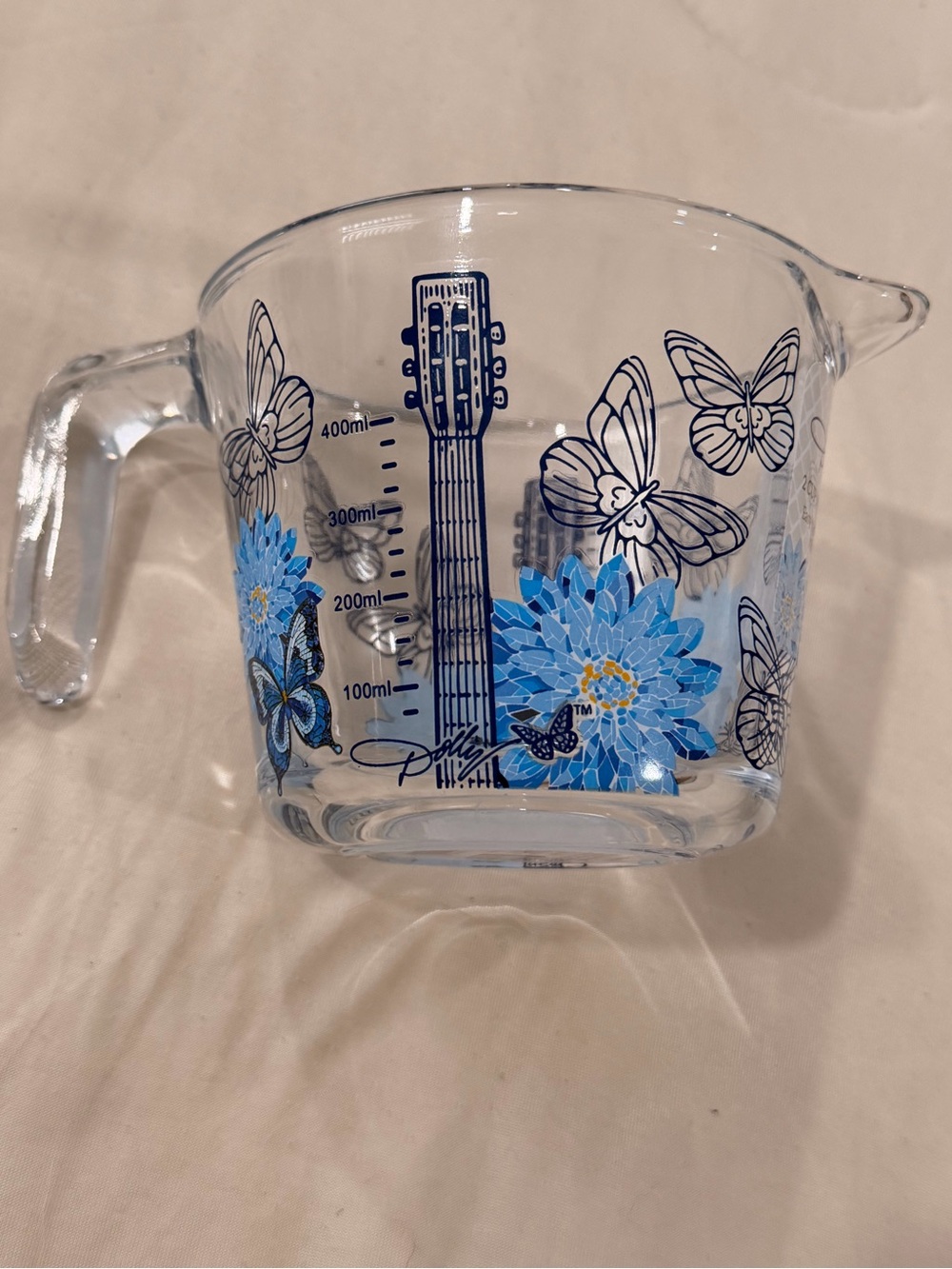 Dolly Parton Blue Floral Butterfly GLASS Measuring Cup - 2 cup